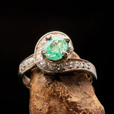 Sterling Silver Solitaire Ring with oval cut Green Emerald and 18 white CZ - Size 6.5 - BikeRing4u