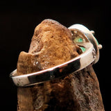 Sterling Silver Solitaire Ring with oval cut Green Emerald and 18 white CZ - Size 6.5 - BikeRing4u