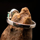 Sterling Silver Solitaire Ring with oval cut Green Emerald and 18 white CZ - Size 6.5 - BikeRing4u