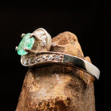 Sterling Silver Solitaire Ring with oval cut Green Emerald and 18 white CZ - Size 6.5 - BikeRing4u
