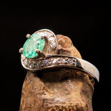 Sterling Silver Solitaire Ring with oval cut Green Emerald and 18 white CZ - Size 6.5 - BikeRing4u
