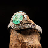 Sterling Silver Solitaire Ring with oval cut Green Emerald and 18 white CZ - Size 6.5 - BikeRing4u