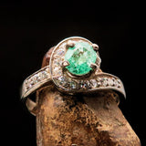 Sterling Silver Solitaire Ring with oval cut Green Emerald and 18 white CZ - Size 6.5 - BikeRing4u