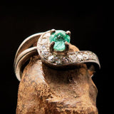 Sterling Silver Solitaire Ring with round Green Emerald and 13 white CZ - Size 6 - BikeRing4u