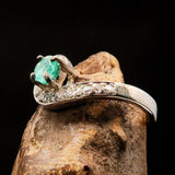 Sterling Silver Solitaire Ring with round Green Emerald and 13 white CZ - Size 6 - BikeRing4u