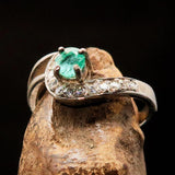 Sterling Silver Solitaire Ring with round Green Emerald and 13 white CZ - Size 6 - BikeRing4u