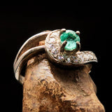 Sterling Silver Solitaire Ring with round Green Emerald and 13 white CZ - Size 6 - BikeRing4u