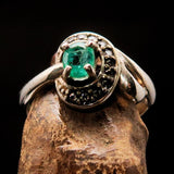 Sterling Silver Solitaire Ring with oval cut Green Emerald and 11 white CZ - Size 6.5 - BikeRing4u