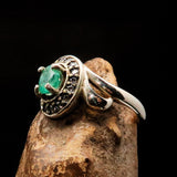 Sterling Silver Solitaire Ring with oval cut Green Emerald and 11 white CZ - Size 6.5 - BikeRing4u
