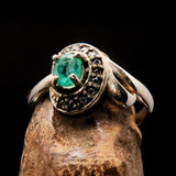 Sterling Silver Solitaire Ring with oval cut Green Emerald and 11 white CZ - Size 6.5 - BikeRing4u