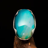 Minimalistic Sterling Silver Ring with oval shaped green Agate Cabochon - BikeRing4u