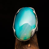 Minimalistic Sterling Silver Ring with oval shaped green Agate Cabochon - BikeRing4u
