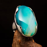 Minimalistic Sterling Silver Ring with oval shaped green Agate Cabochon - BikeRing4u
