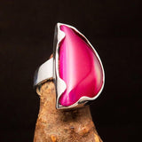 Asymmetric Sterling Silver Ring with fancy shaped pink Agate Cabochon - BikeRing4u