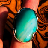 Minimalistic Sterling Silver Ring with oval shaped green Agate Cabochon - BikeRing4u