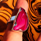 Asymmetric Sterling Silver Ring with fancy shaped pink Agate Cabochon - BikeRing4u