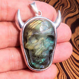 Hand crafted horned Devil Face Skull Amulet - Labradorite Carving - Sterling Silver - BikeRing4u