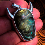 Hand crafted horned Devil Face Skull Amulet - Labradorite Carving - Sterling Silver - BikeRing4u