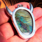 Hand crafted horned Devil Face Skull Amulet - Labradorite Carving - Sterling Silver - BikeRing4u
