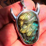 Hand crafted horned Devil Face Skull Amulet - Labradorite Carving - Sterling Silver - BikeRing4u