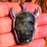 Hand crafted horned Devil Face Skull Amulet - Labradorite Carving - Sterling Silver - BikeRing4u