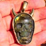 Hand crafted horned Devil Face Skull Amulet - Labradorite Carving - solid Brass - BikeRing4u