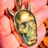 Hand crafted horned Devil Face Skull Amulet - Labradorite Carving - solid Brass - BikeRing4u