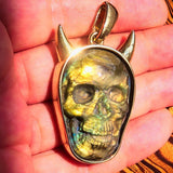 Hand crafted horned Devil Face Skull Amulet - Labradorite Carving - solid Brass - BikeRing4u