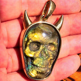 Hand crafted horned Devil Face Skull Amulet - Labradorite Carving - solid Brass - BikeRing4u