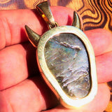Hand crafted horned Devil Face Skull Amulet - Labradorite Carving - solid Brass - BikeRing4u