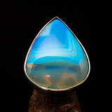Minimalistic Sterling Silver Ring with pear shaped blue Agate Cabochon - BikeRing4u