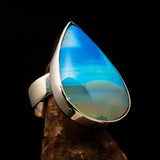 Minimalistic Sterling Silver Ring with pear shaped blue Agate Cabochon - BikeRing4u
