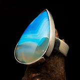 Minimalistic Sterling Silver Ring with pear shaped blue Agate Cabochon - BikeRing4u