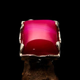 Sterling Silver Ring with rectangle shaped pink Agate Cabochon - BikeRing4u