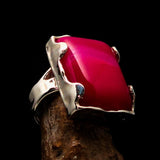 Sterling Silver Ring with rectangle shaped pink Agate Cabochon - BikeRing4u