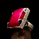 Sterling Silver Ring with rectangle shaped pink Agate Cabochon - BikeRing4u