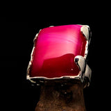 Sterling Silver Ring with rectangle shaped pink Agate Cabochon - BikeRing4u