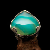 Artistic Sterling Silver Ring with pear shaped green Agate Cabochon - BikeRing4u