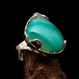 Artistic Sterling Silver Ring with pear shaped green Agate Cabochon - BikeRing4u