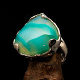 Artistic Sterling Silver Ring with pear shaped green Agate Cabochon - BikeRing4u