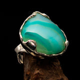 Artistic Sterling Silver Ring with pear shaped green Agate Cabochon - BikeRing4u