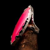 Sterling Silver Artwork Ring with marquise shaped pink Agate Cabochon - BikeRing4u