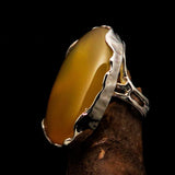 Sterling Silver Artwork Ring with oval yellow Agate Cabochon - BikeRing4u