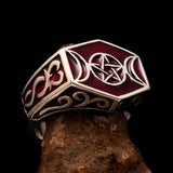 Men's Sterling Silver Ring Red Crescent Moon Pentagram Star - BikeRing4u