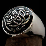 Excellent domed Men's Ring black Celtic Triquetra Knot - Sterling Silver - BikeRing4u