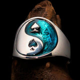 Excellent crafted Men's blue Spades Yin Yang Poker Ring - Sterling Silver - BikeRing4u