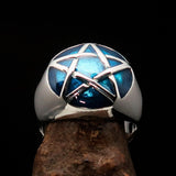 Excellent crafted Men's Pinky Ring domed Blue Pentagram - Sterling Silver - BikeRing4u