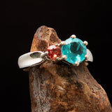 Sterling Silver Ring with Blue Apatite and orange Sapphire - Size 6.5 - BikeRing4u