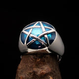 Excellent crafted Men's Pinky Ring domed Blue Pentagram - Sterling Silver - BikeRing4u