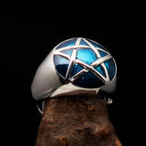 Excellent crafted Men's Pinky Ring domed Blue Pentagram - Sterling Silver - BikeRing4u